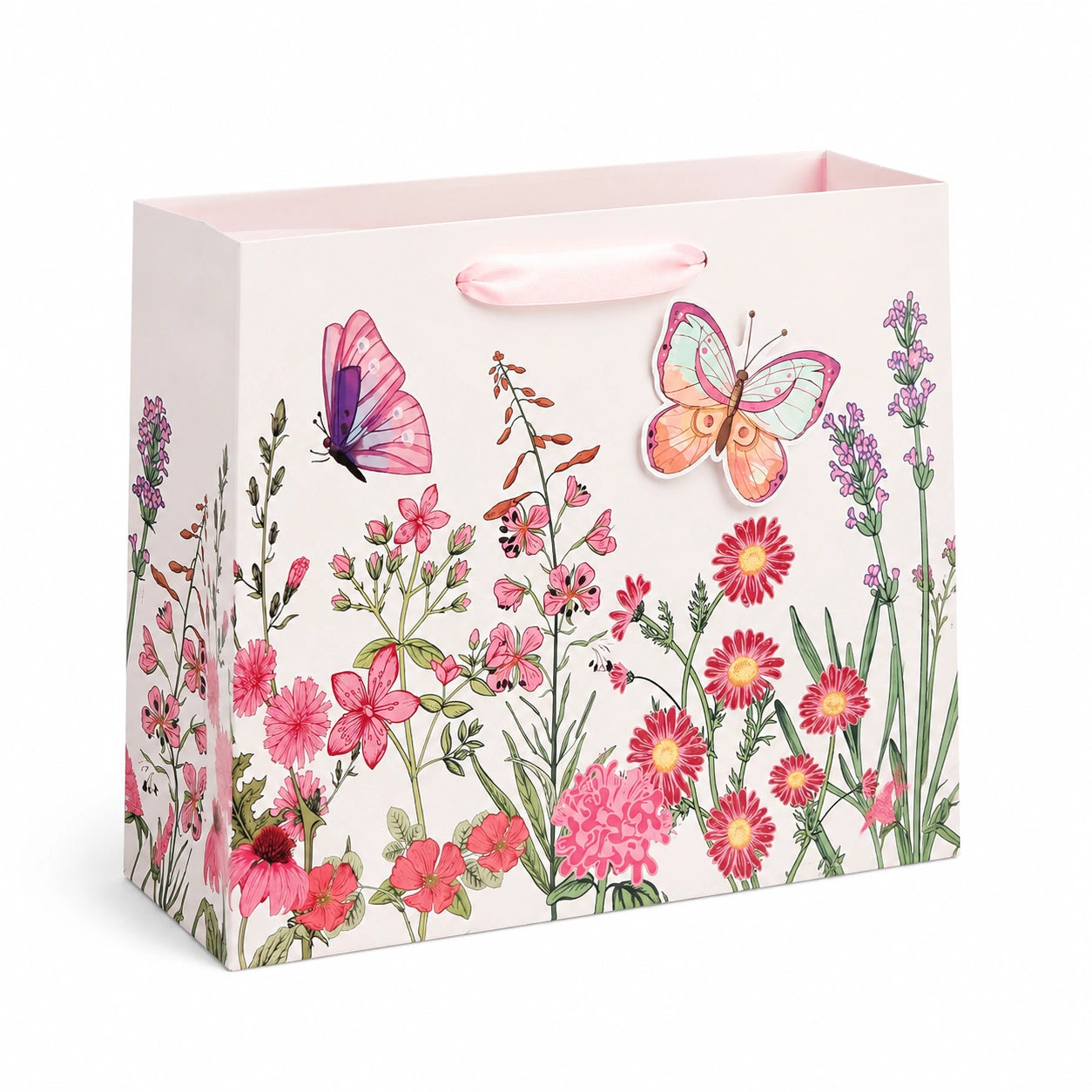 Sacchetto regalo 18 x 10 x 23 cm in carta rosa con manici a nastro - motivo floreale e farfalle