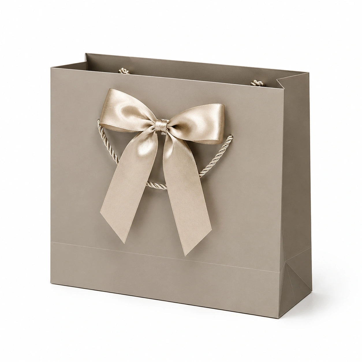 Borsa regalo 32 x 12 x 26 cm in cartoncino tortora con fiocco satinato e manici in corda