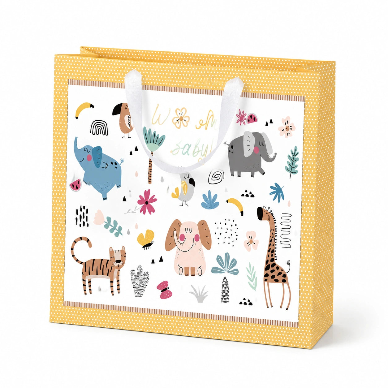 Sacchetto regalo 32 x 26 x 10 cm in carta giallo con animali stile infantile