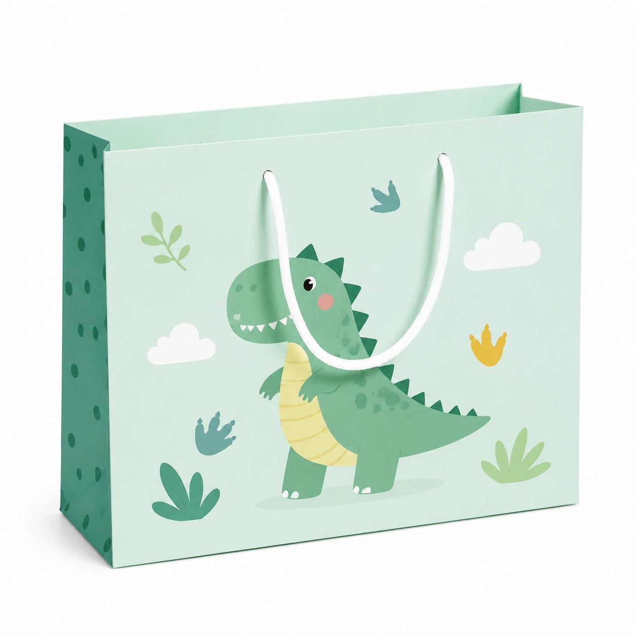 Sacchetto regalo in carta 32 x 12 x 26 cm verde con manici in corda e dinosauro