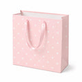 Sacchetto regalo 26 x 12 x 32 cm in carta rosa a pois con manici in nastro