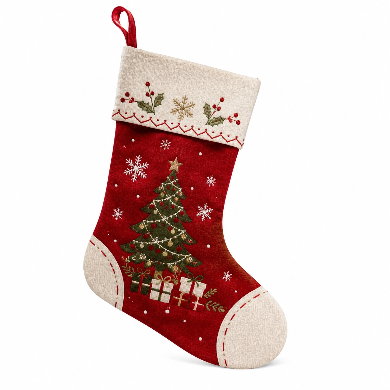Calza natalizia 45 cm in tessuto rosso e beige con ricamo decorativo e passante da appendere