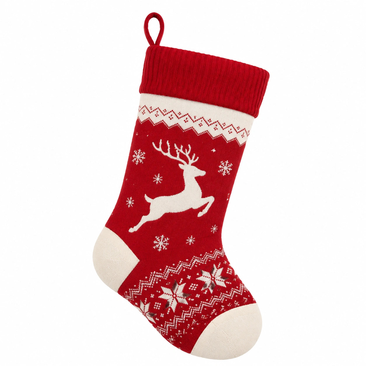 Calza natalizia decorativa in maglia rosso e bianco con renna e passante