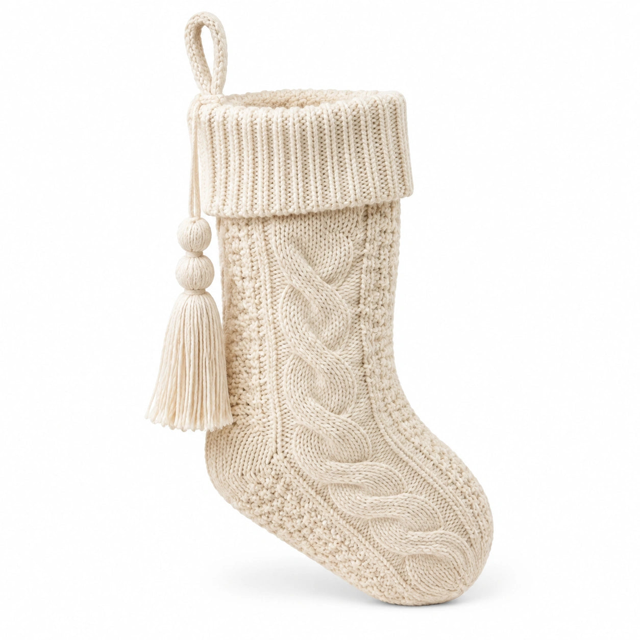 Calza decorativa natalizia 45 cm in maglia color crema con trecce e passante