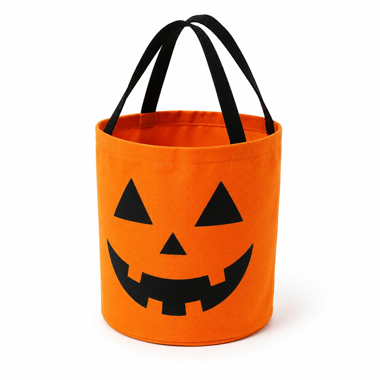 Cestino porta dolci 30 x 30 cm in tessuto arancione e nero con manici e motivo zucca