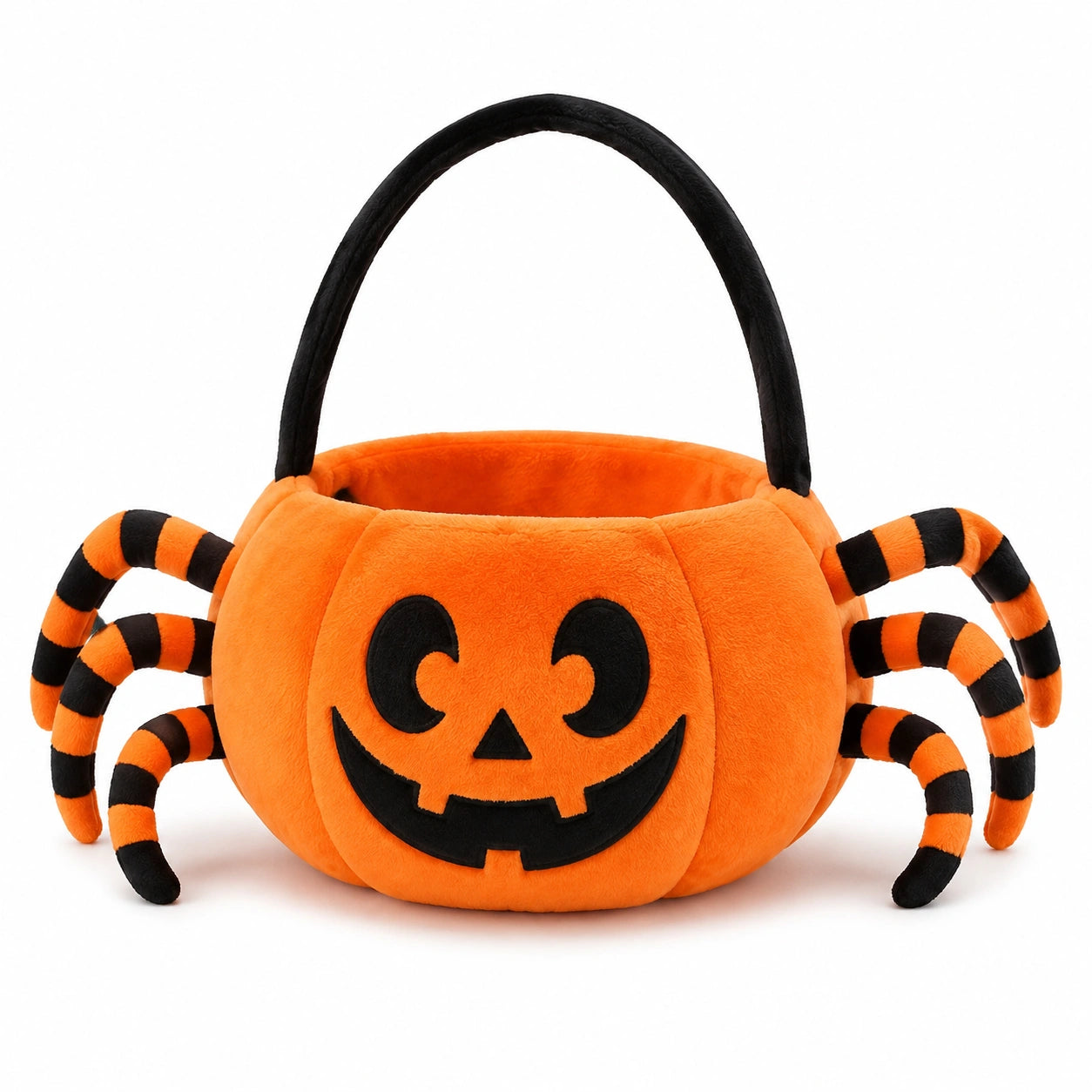 Cestino portadolci 25 x 20 x 18 cm in tessuto peluche arancione e nero con manico - zucca ragno