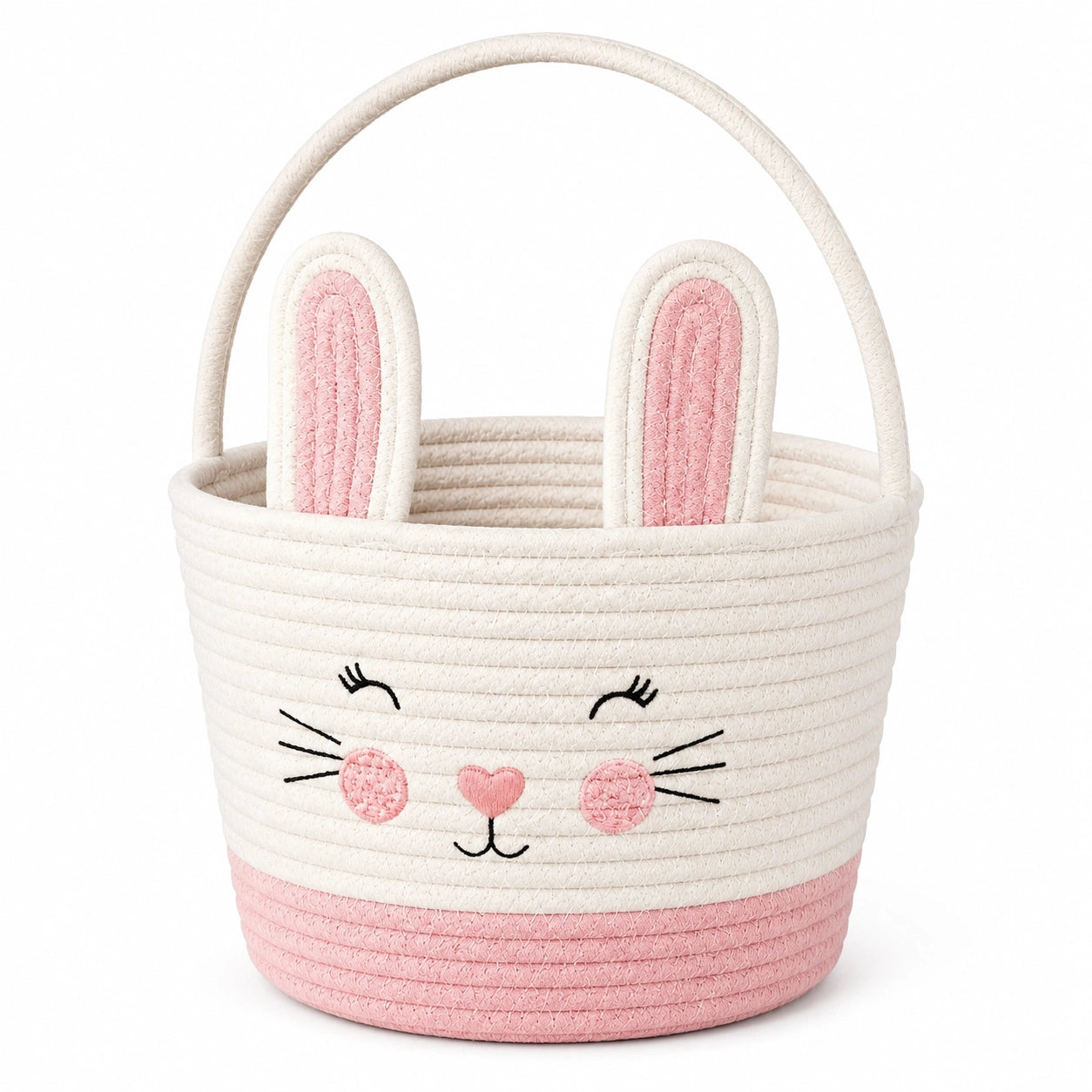 Cestino portaoggetti rotondo 25 cm in cotone bianco e rosa con manico e motivo coniglio