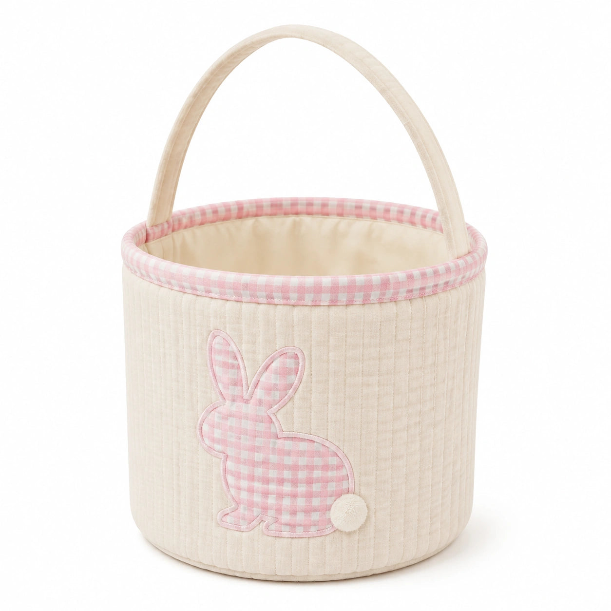 Cestino portaoggetti Ø30 x H30 cm in tessuto beige e rosa con manico - stile coniglio
