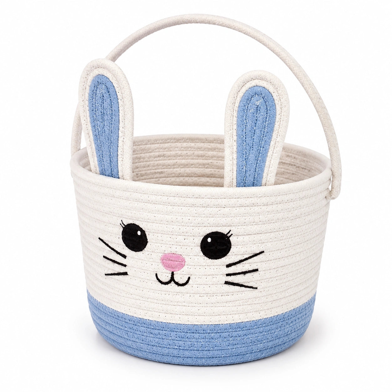 Cestino contenitore rotondo 25 cm in corda di cotone bianco e azzurro con manici design coniglio