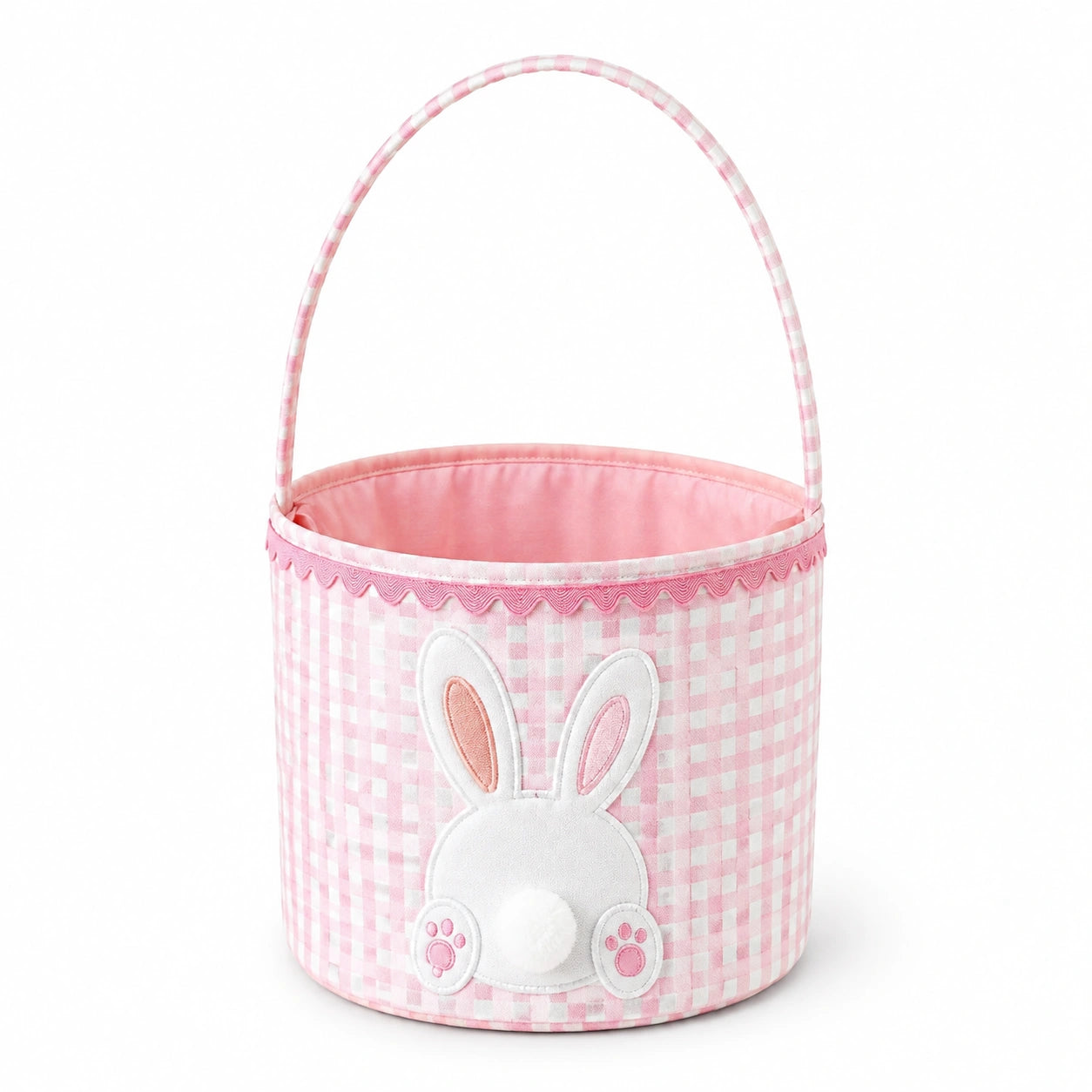 Cestino rotondo 22 x 18 cm in tessuto rosa con manico - porta dolci con coniglio