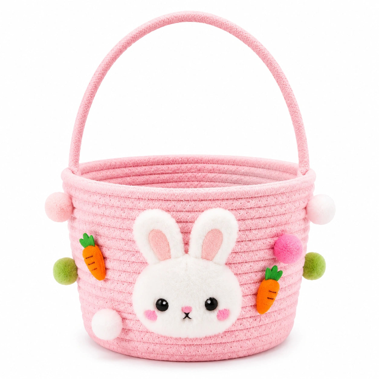 Cestino portaoggetti rotondo Ø25 x 18 cm in corda di cotone rosa con manico stile coniglio