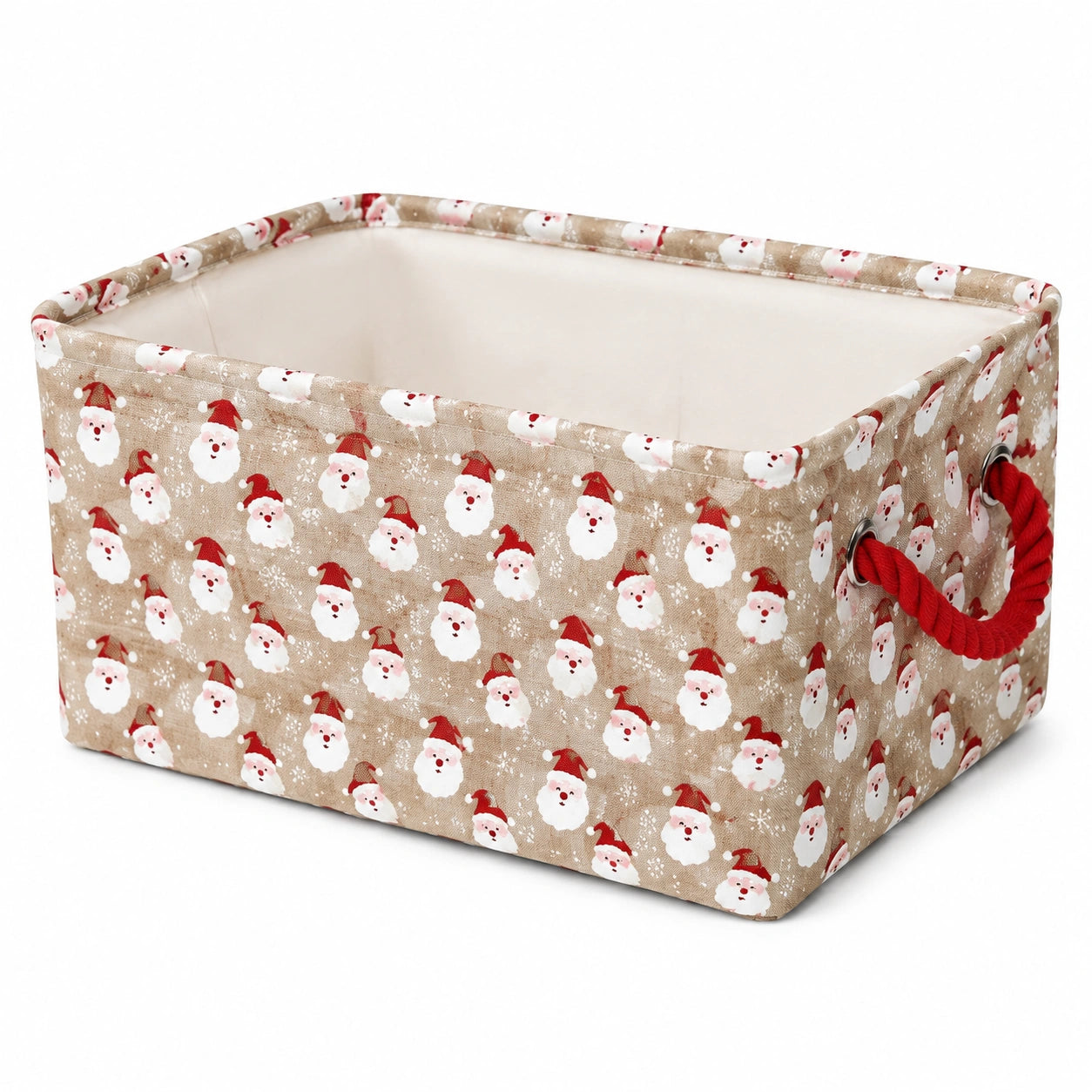 Cesto contenitore 38 x 28 x 25 cm in tessuto beige con stampa Babbo Natale e manici in corda