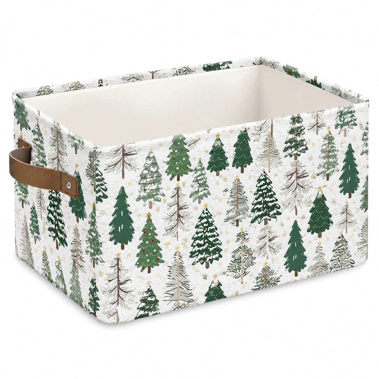 Cesto contenitore 33 x 25 x 20 cm in tessuto bianco e verde con manico effetto pelle - pieghevole per organizzazione domestica