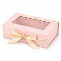 Scatola regalo 30 x 20 x 12 cm in cartone rosa con finestra trasparente e nastro decorativo