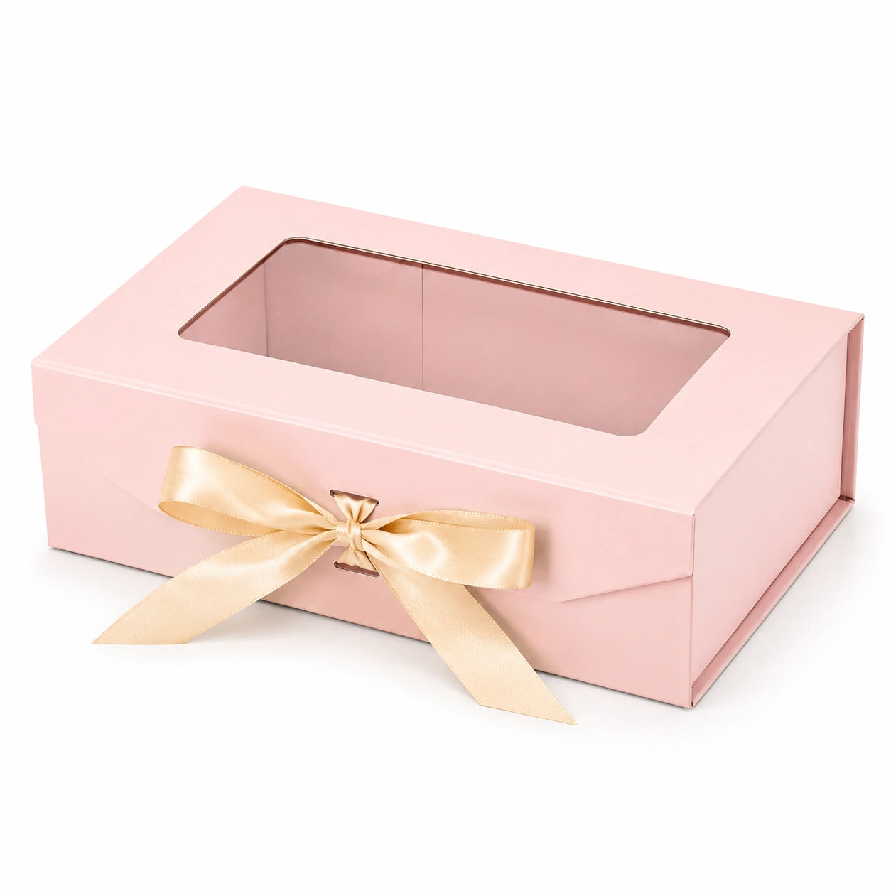 Scatola regalo 30 x 20 x 12 cm in cartone rosa con finestra trasparente e nastro decorativo