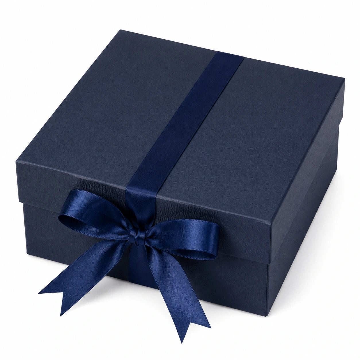 Scatola regalo quadrata 25 x 25 x 10 cm in cartoncino blu navy con nastro in raso
