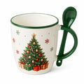 Tazza 350 ml in ceramica bianca e verde con cucchiaino - albero decorato e manico ergonomico