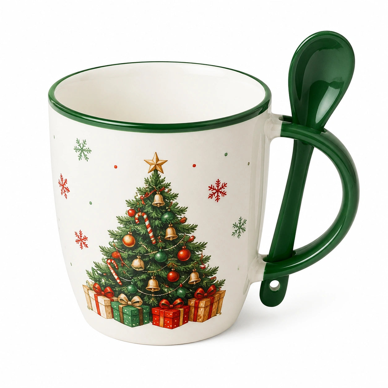 Tazza 350 ml in ceramica bianca e verde con cucchiaino - albero decorato e manico ergonomico