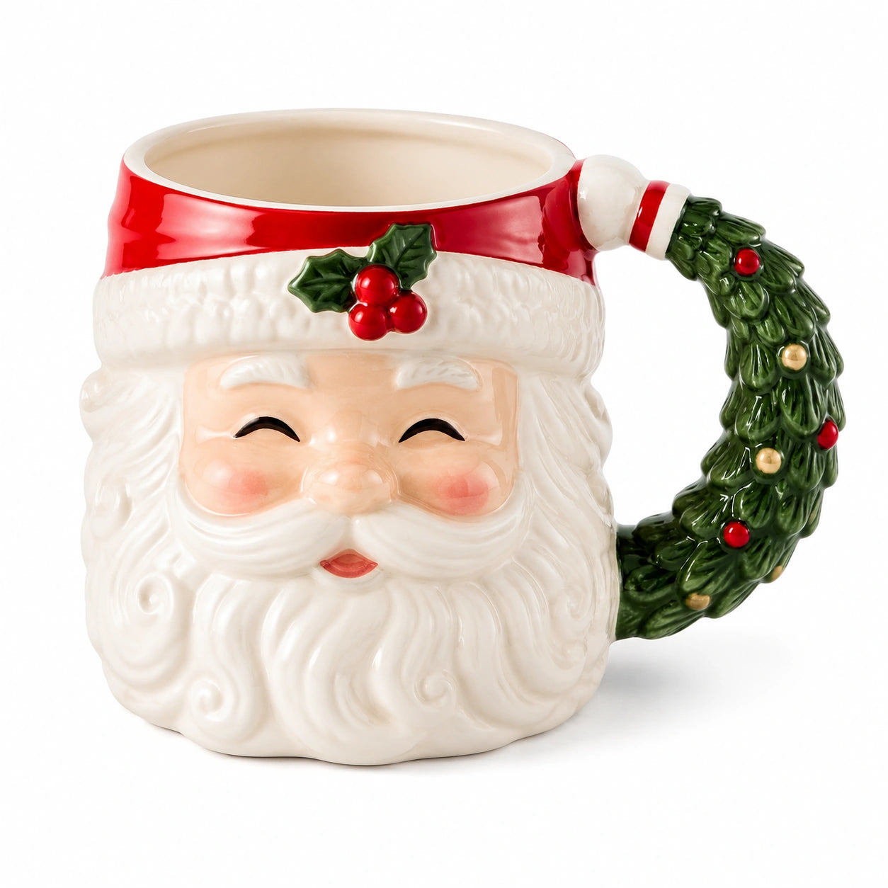 Tazza natalizia 12 cm in ceramica bianco rosso verde con manico decorativo